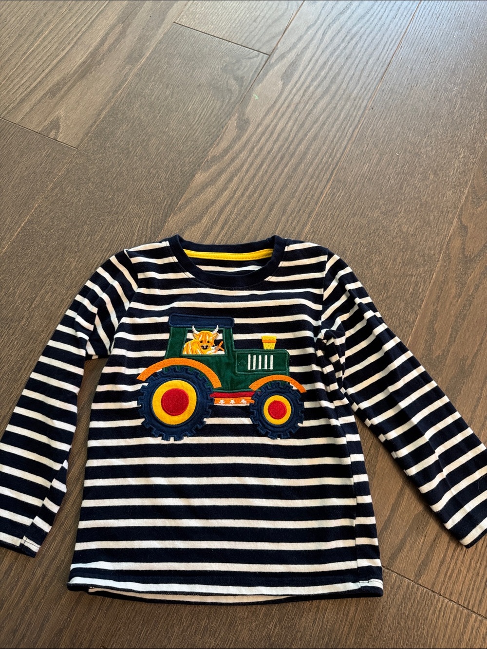 Kids Striped Long-Sleeve Tee with Green Tractor Applique
